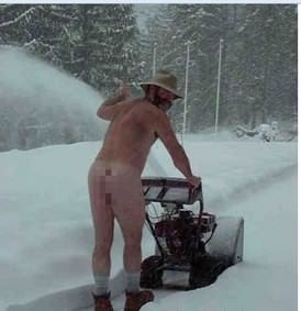 Naked Guy Snow Blowing
